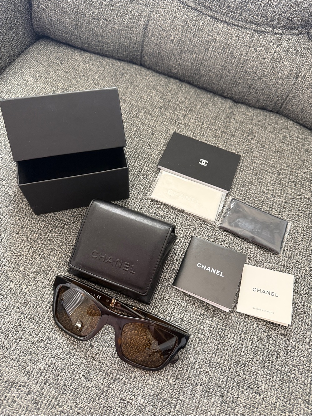 CHANEL Brown Gradient Lens Sunglasses with Black Leather Case. The glasses fold.